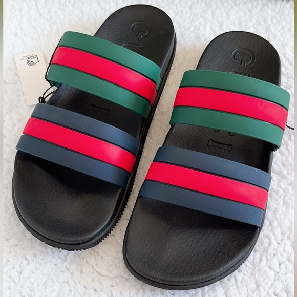 Authentic Gucci Men's Agrado Rubber Double Strap Stripe Slides Sandals - Picture 5 of 16